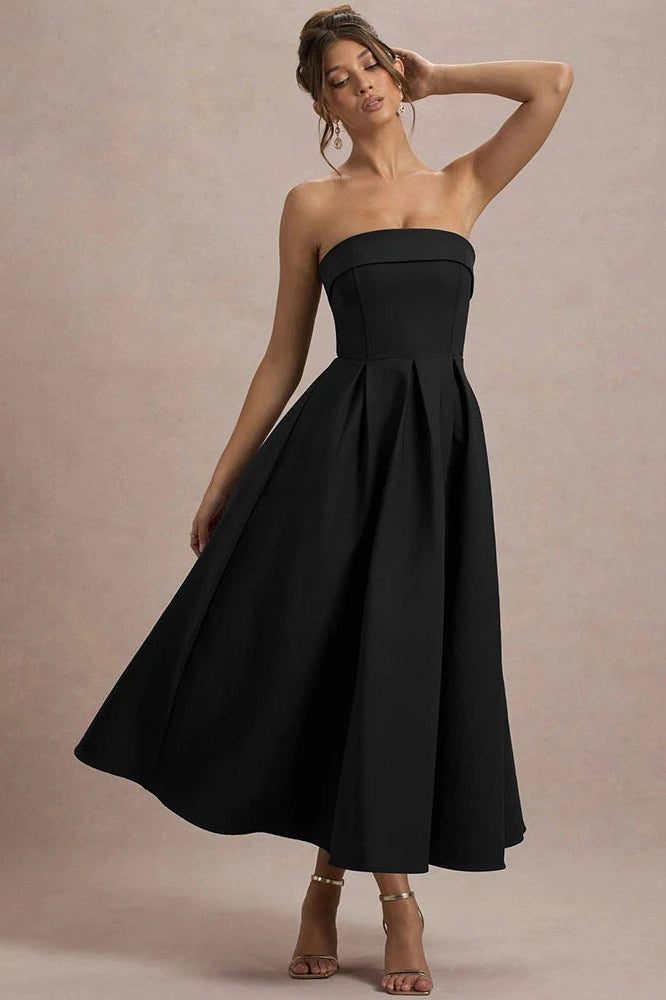 Glorol - Off-Shoulder Strapless Sleeveless Backless High Waist A-Line Midi Dress