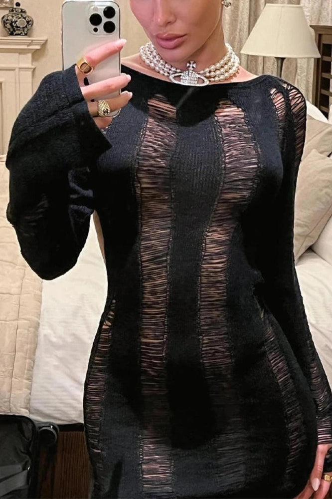 Glorol - Hollow Out Knitted Bodycon Long Sleeve Backless Mini Dress