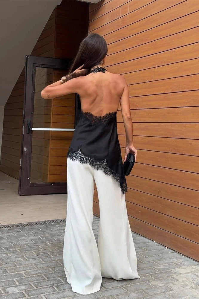 Glorol - Lace Patchwork Backless Slim V-Neck Top
