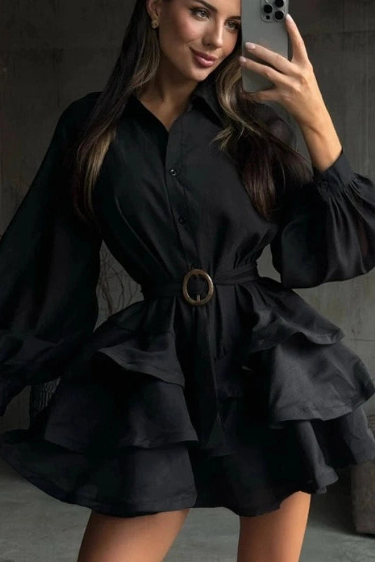 Glorol - Elegant Long Sleeves Single-Breasted Belt Mini Dress
