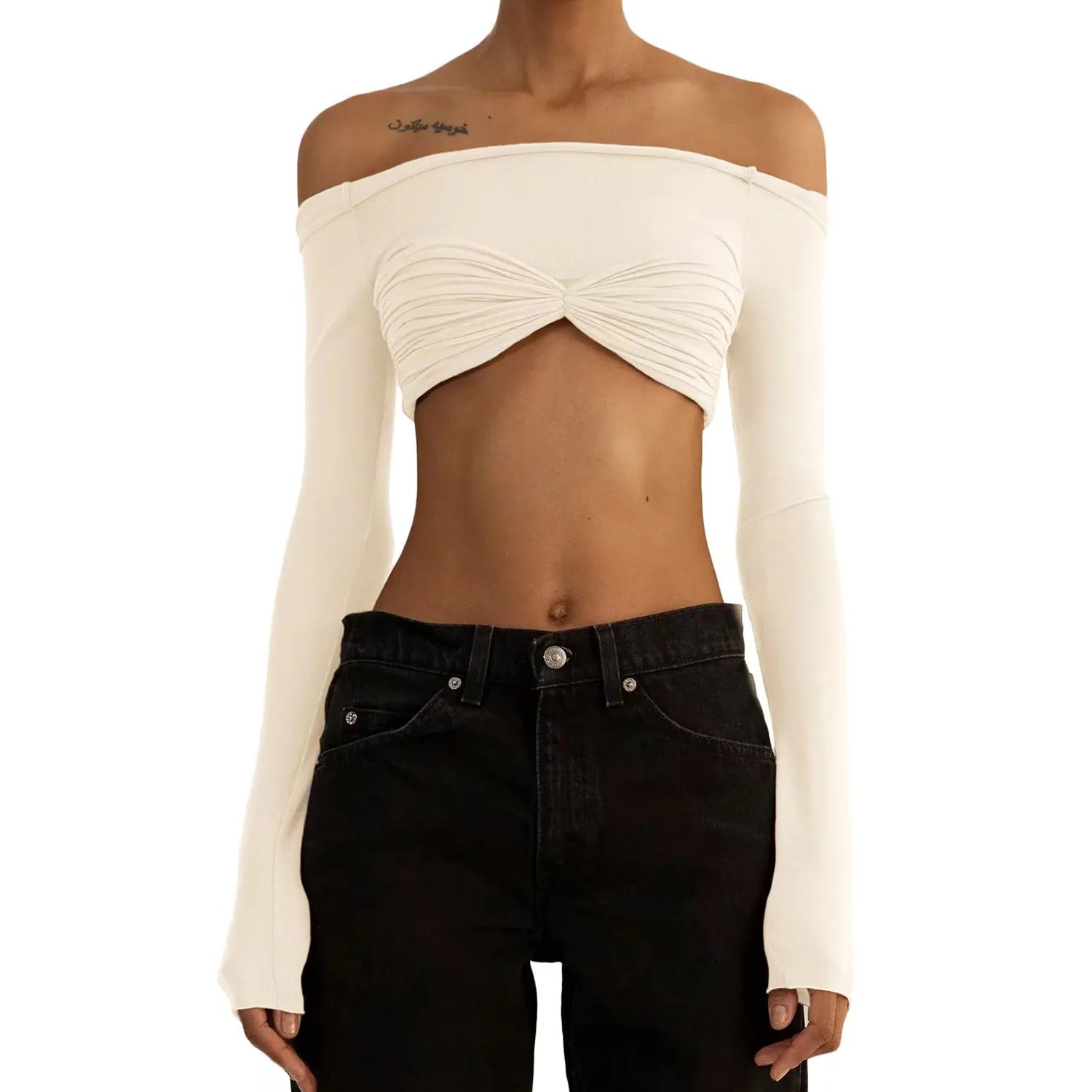 Glorol - See-Through Off-Shoulder Lace Long Sleeve Top