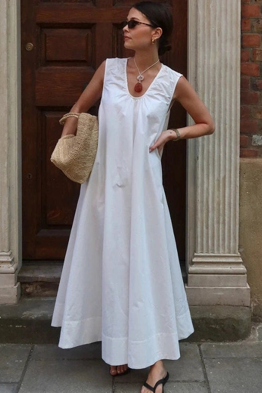 Glorol - Sleeveless Cotton U-Neck Loose Maxi Dress