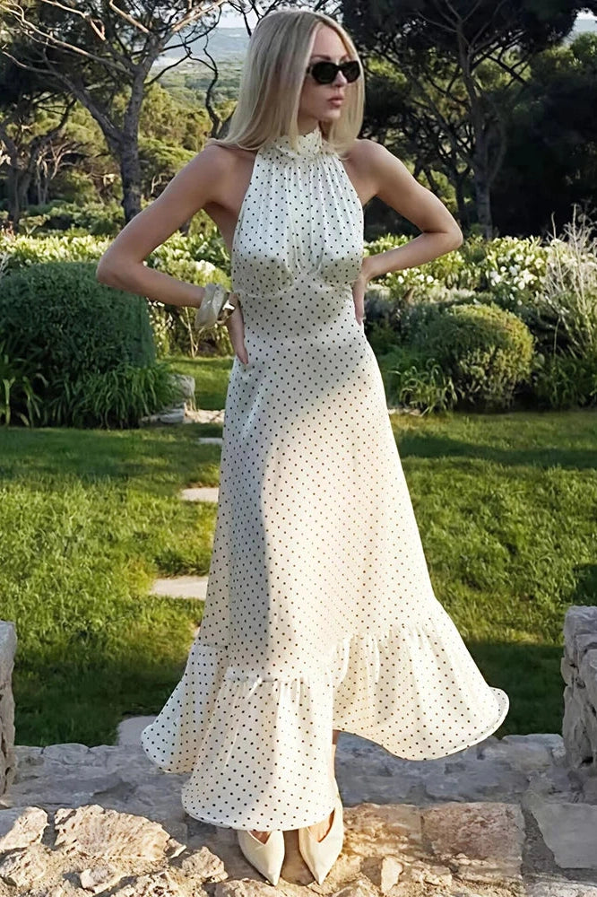 Glorol - Polka Dot Sleeveless Backless High Waist Maxi Dress