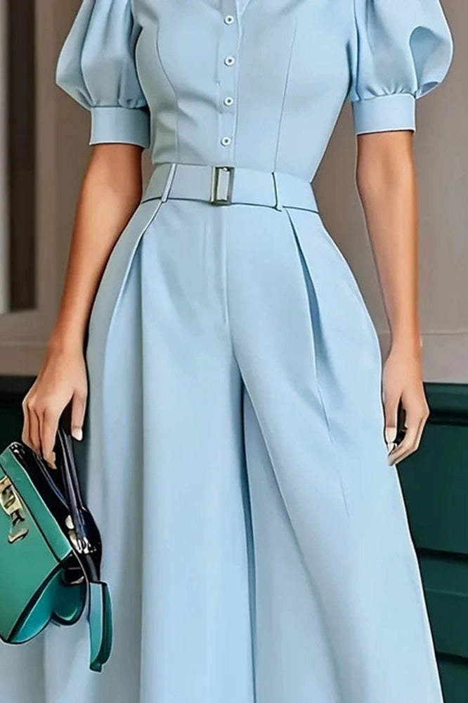 Glorol - High Waist Puff Sleeve Wide Leg Jumpsuit