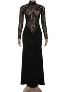 Glorol - Lace Slim See-Through Long-Sleeved High-Waisted Maxi Dress