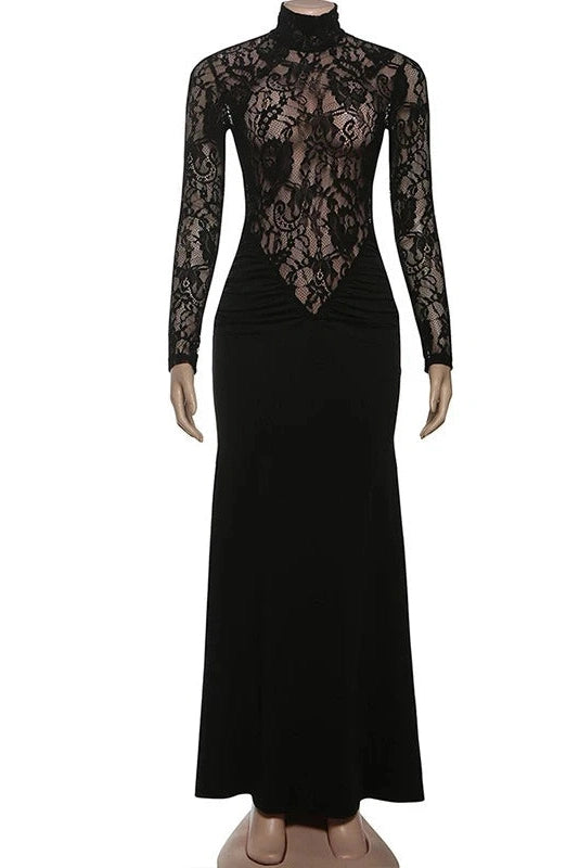 Glorol - Lace Slim See-Through Long-Sleeved High-Waisted Maxi Dress