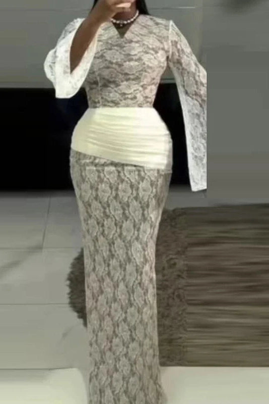 Glorol - Hollow Out Lace Flare Sleeve High Waist Slim Maxi Dress