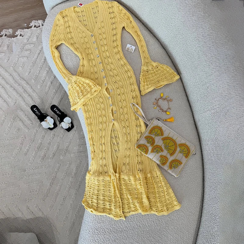 Hollow Knitted Long Sleeve Maxi Dress