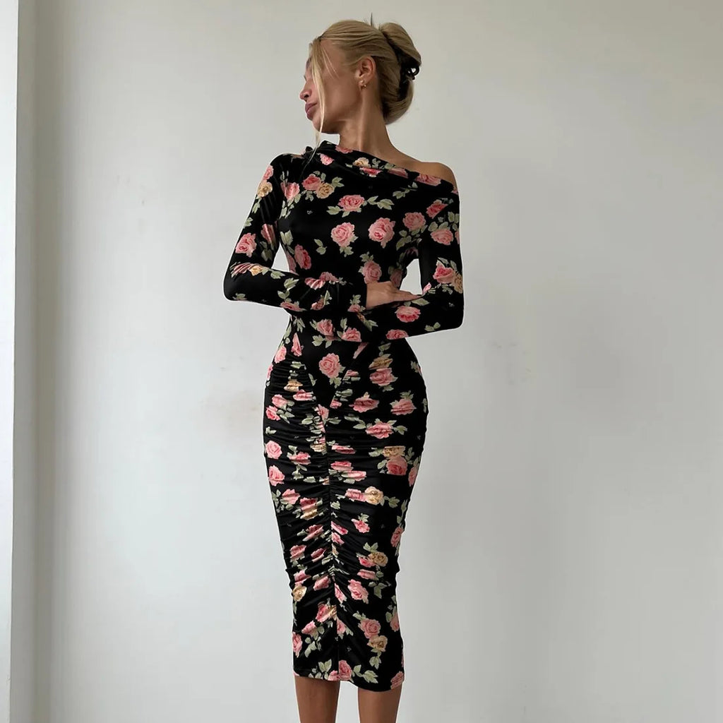 Glorol - Printed Pleated Long Sleeve Bodycon Midi Dress
