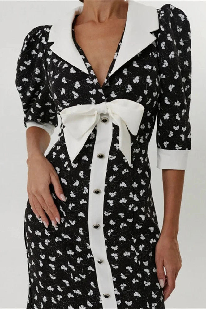 Glorol - Printed V-Neck Patchwork Midi Dress