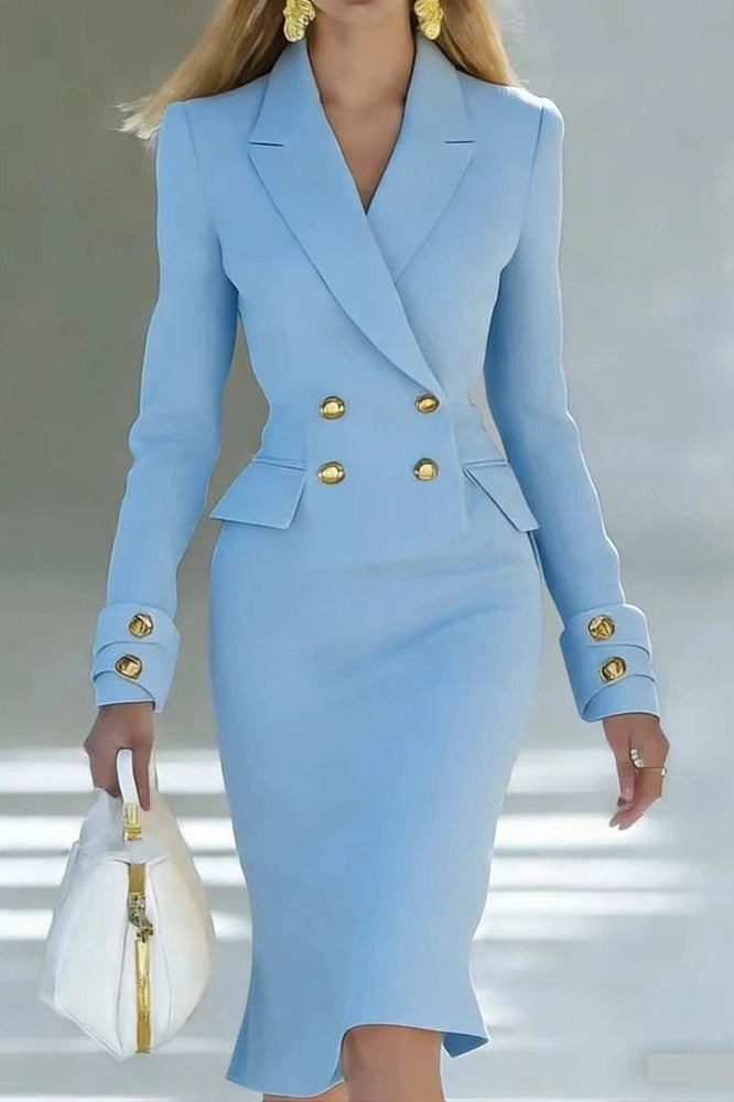 Glorol - Elegant Long Sleeve V-Neck High Waist Slim Midi Dress