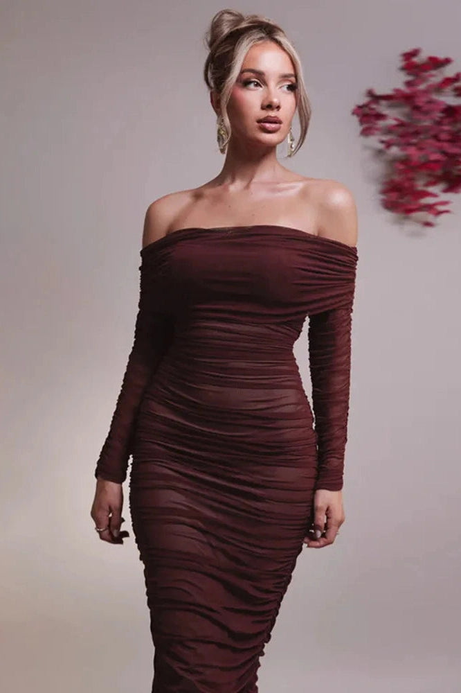 Glorol - Off-shoulder Strapless Long Sleeve Backless Maxi Dress