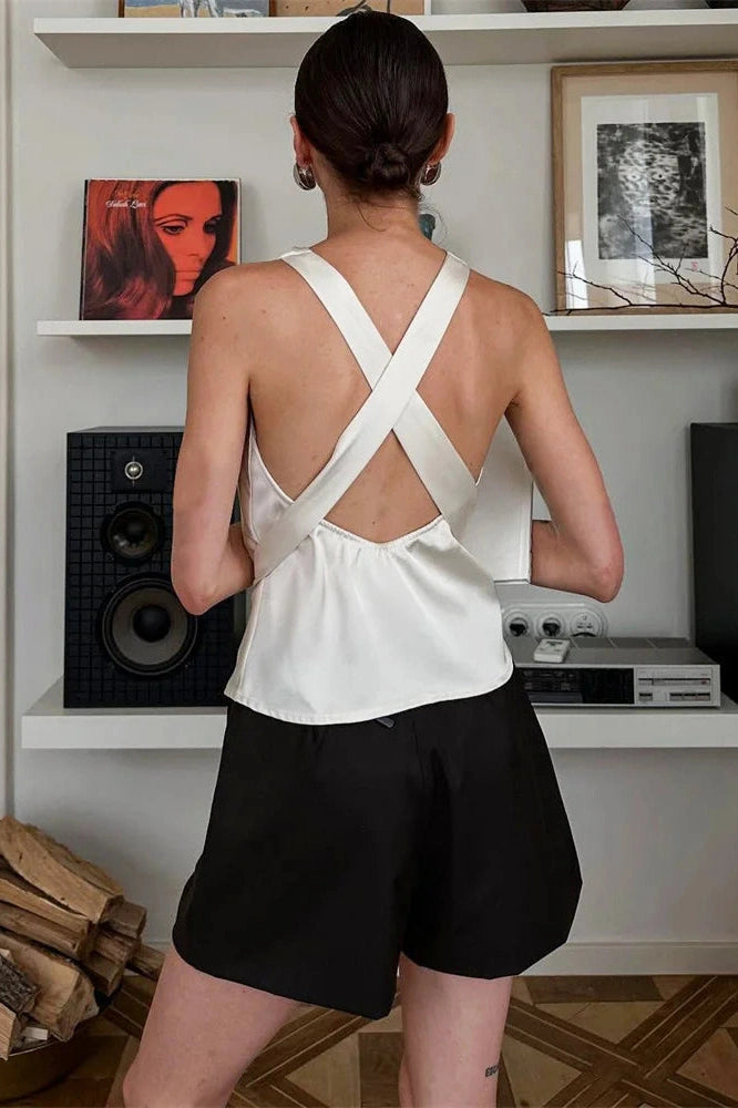 Glorol - Backless Patchwork V-Neck Lace-Up Top