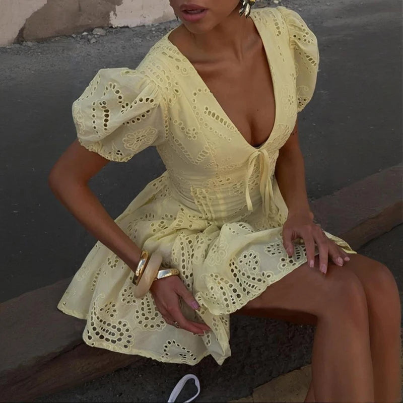 Glorol - Lace Up V Neck Short Sleeve A-Line Mini Dress