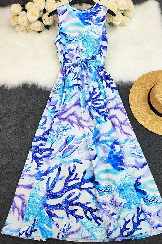 Glorol - Printed Pleated Sleeveless High Waist Maxi Dress