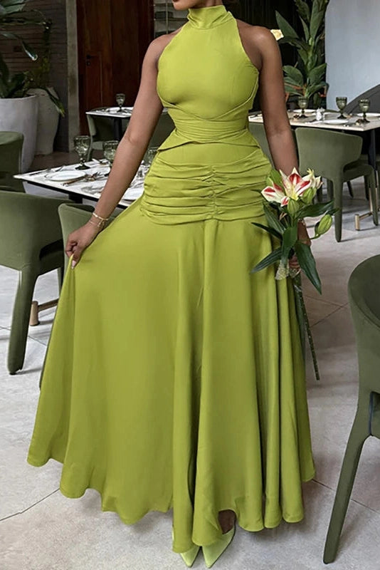 Glorol - Hollow Out High Waist Lace Up Sleeveless Pleated Maxi Dress