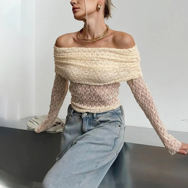 Glorol - Off-Shoulder Knitted Long-Sleeve Slim Top