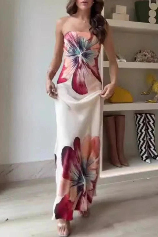 Glorol - Printed Off Shoulder Slim Backless Strapless Maxi Dress