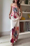 Glorol - Printed Off Shoulder Slim Backless Strapless Maxi Dress