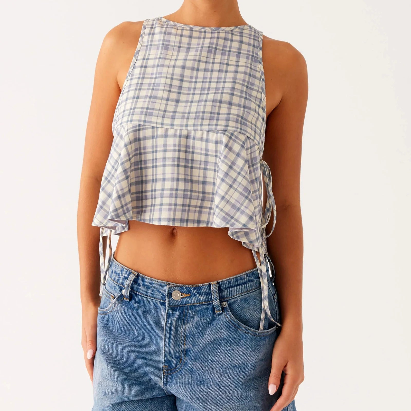 Glorol - Plaid Print Sleeveless Round Neck Tie-Up Top