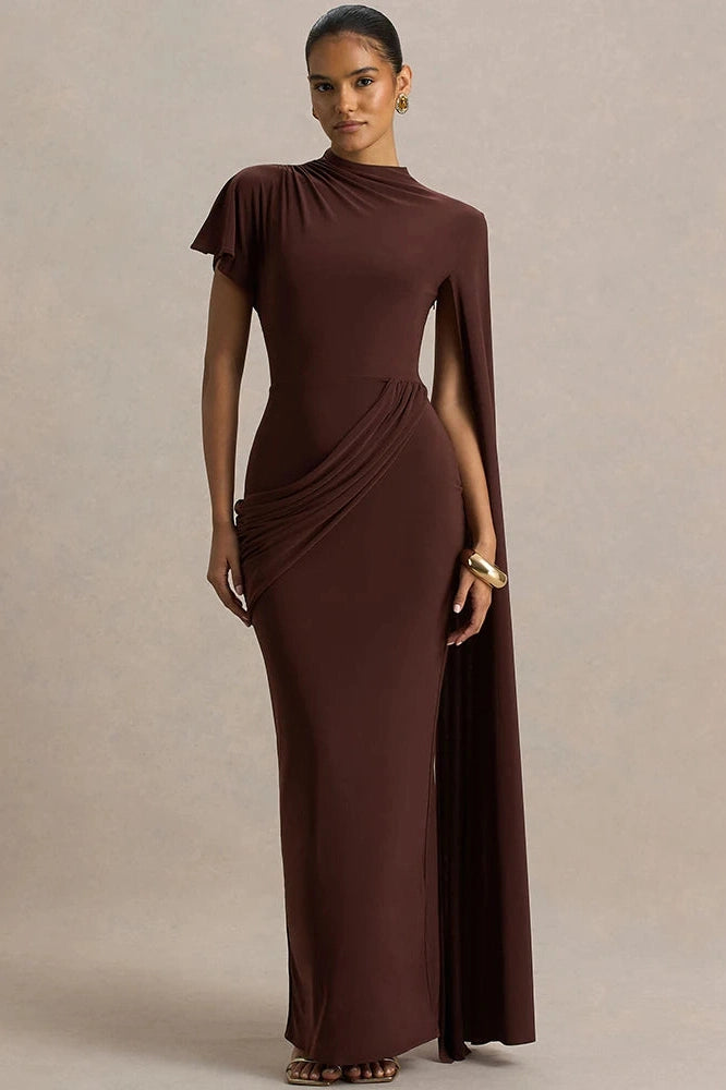 Glorol - One Cape Sleeve O Neck High Collar High Waist Maxi Dress