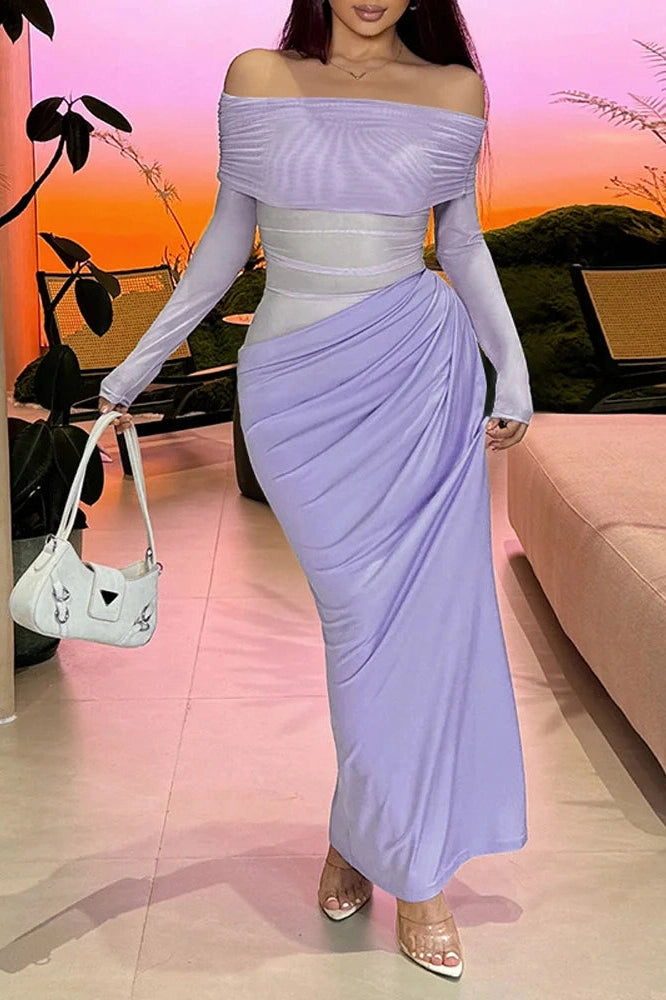 Glorol - See-Through Patchwork Off-Shoulder Long Sleeve Maxi Dress