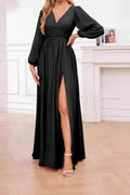 Glorol - Elegant Long Sleeve Loose V-Neck Split Maxi Dress