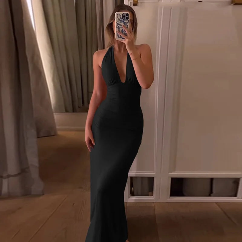 Glorol - Backless Deep V Neck Lace Up Slim Maxi Dress