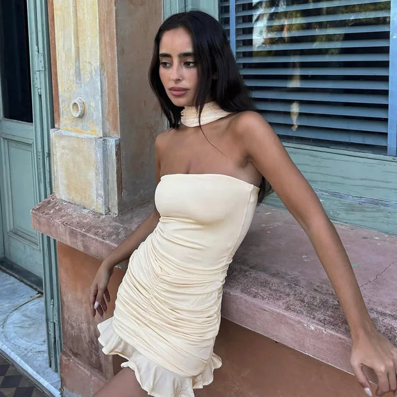 Glorol - Pleated Strapless Sleeveless Slim Mini Dress