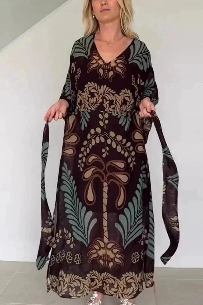 Glorol - Long Sleeve Loose Pleated Lace Up Printed V-Neck Maxi Dress