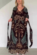 Glorol - Long Sleeve Loose Pleated Lace Up Printed V-Neck Maxi Dress