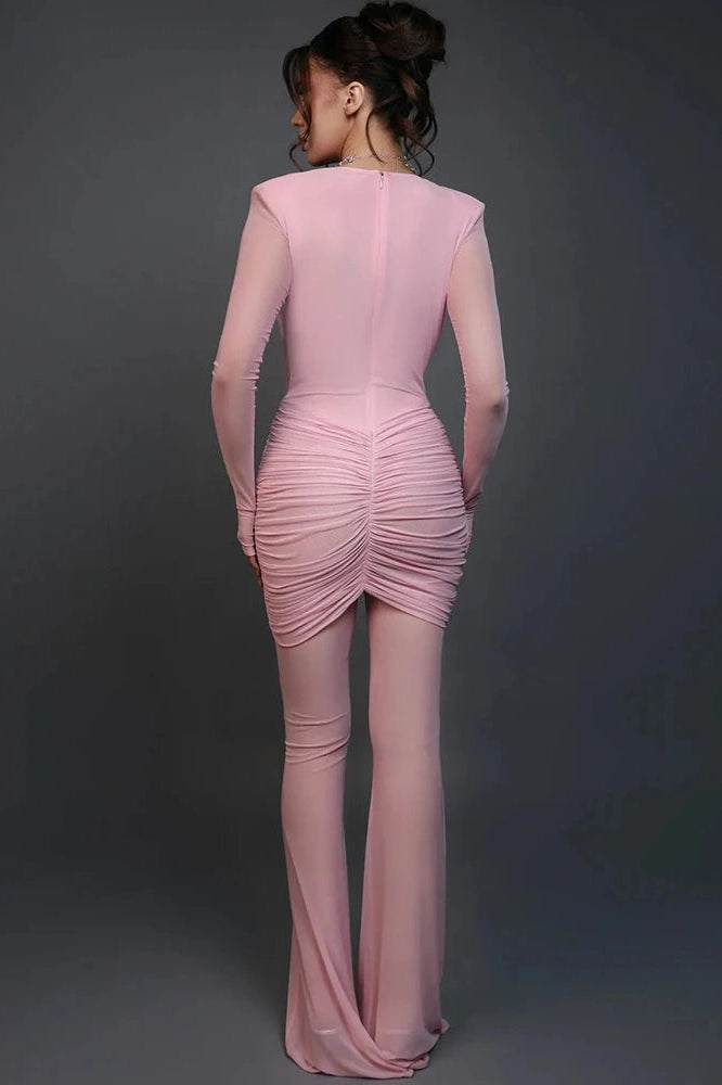 Glorol - Deep V Neck Long Sleeve Patchwork See Through Jumpsuit