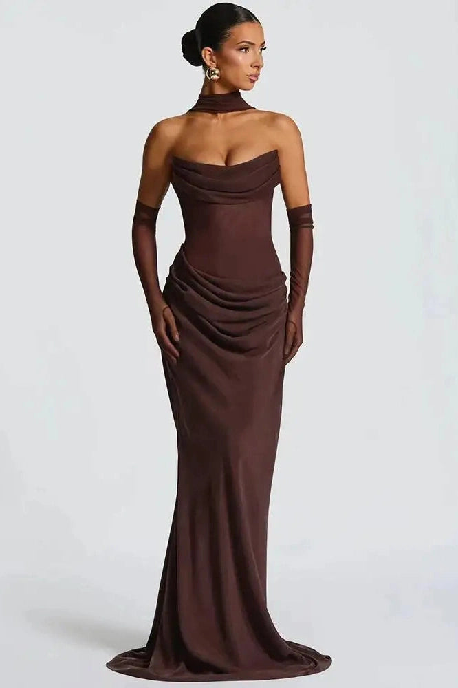 Glorol - Off-Shoulder Scarf Collar Strapless Sleeveless Bodycon Maxi Dress