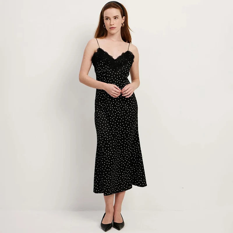 Glorol - Lace Sleeveless Printed Slim Midi Dress