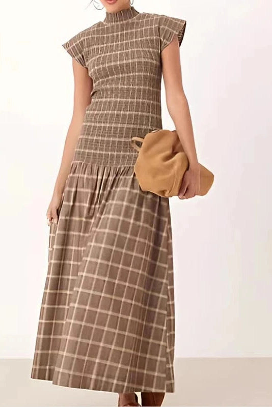Glorol - O-Neck Short Sleeve High Waist Pleated Printed Slim Maxi Dress