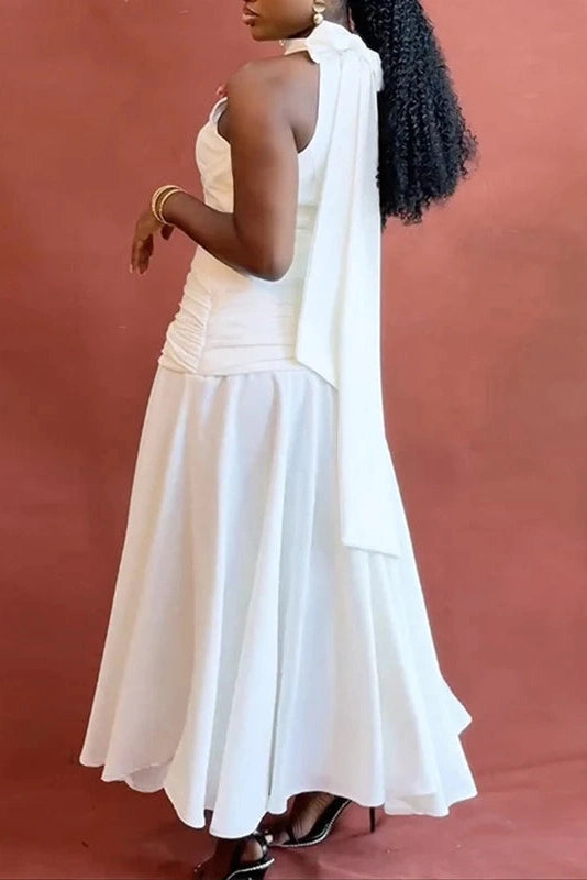 Glorol - Hollow Out High Waist Lace Up Sleeveless Pleated Maxi Dress