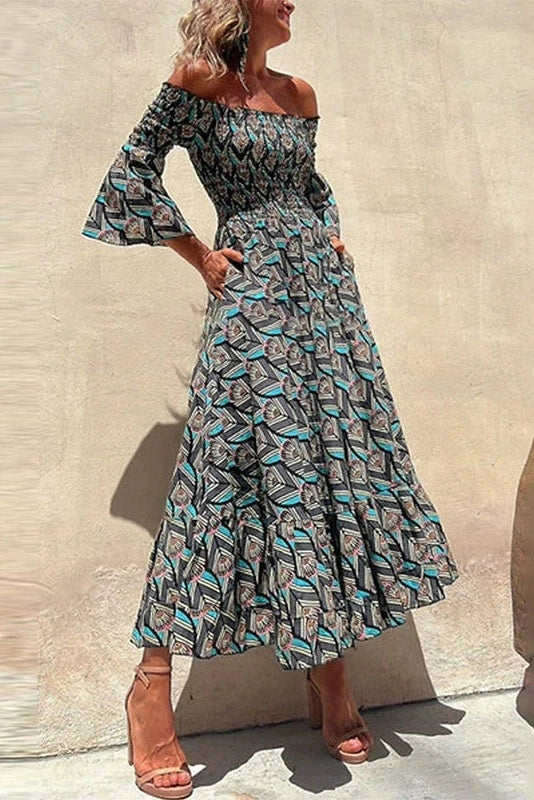 Glorol - Printed Long Sleeve High Waist Pleated Midi Dress