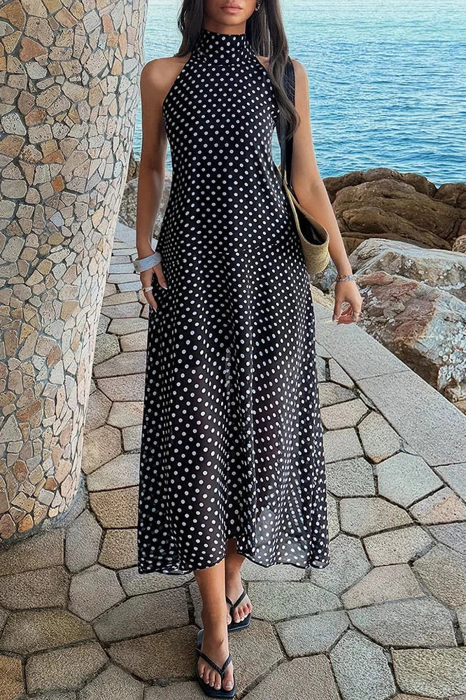 Polka Dot Printed High Waist Pleated Maxi Dress