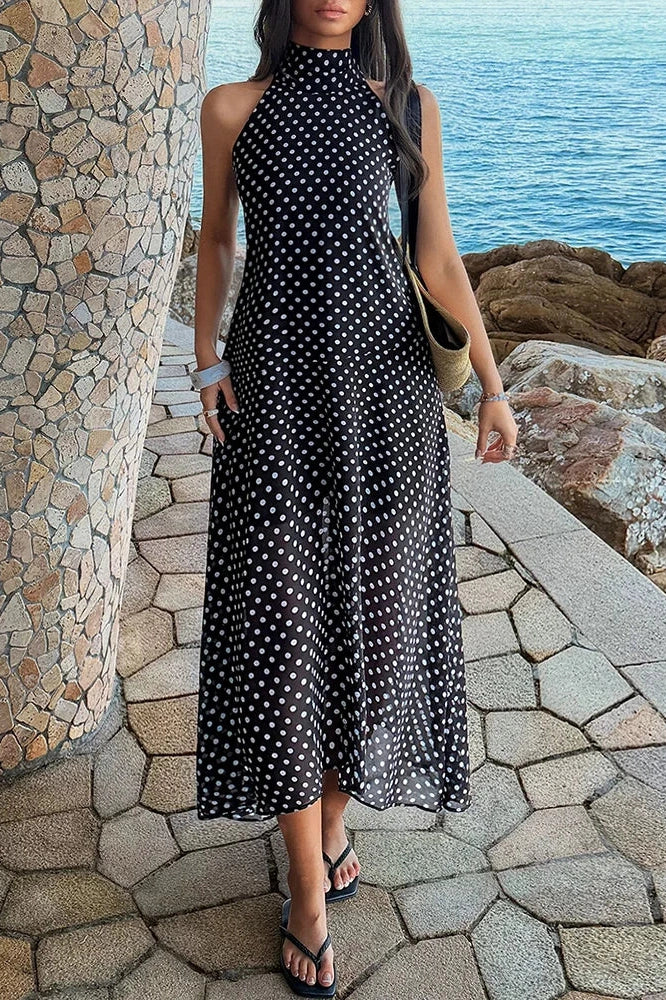 Glorol - Polka Dot Printed High Waist Pleated Maxi Dress