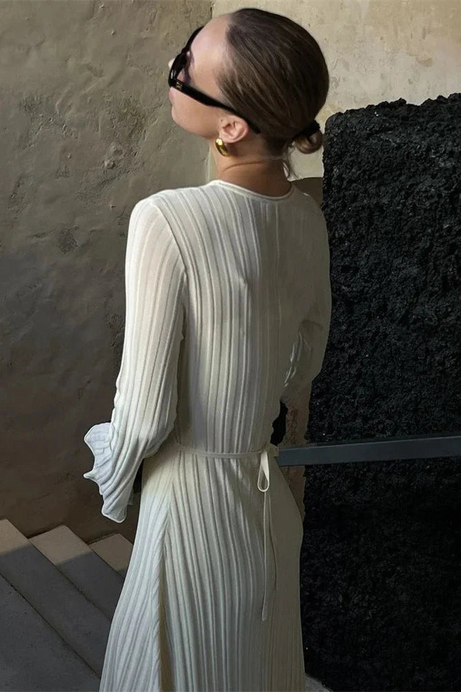 Glorol - Lace-Up High Waist Long Sleeve Maxi Dress