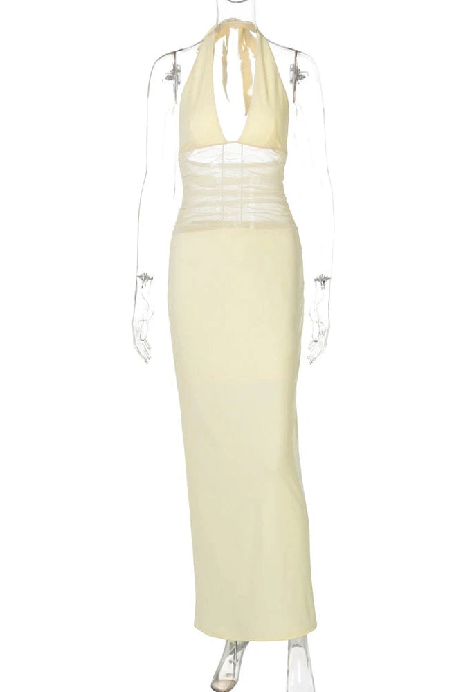 Glorol - See Through Backless Deep V Neck Lace Up Maxi Dress