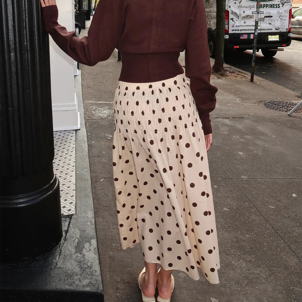 Glorol - Elegant Low Waist Dots Print Flowy Skirt