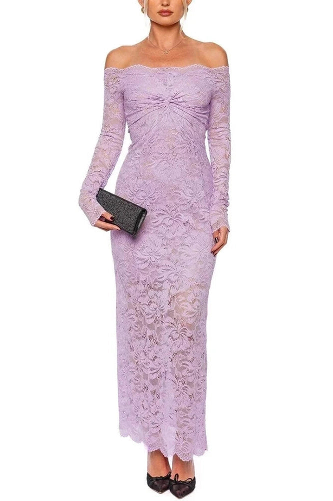Glorol - Lace Embroidery High Waist Off-Shoulder Slim Maxi Dress