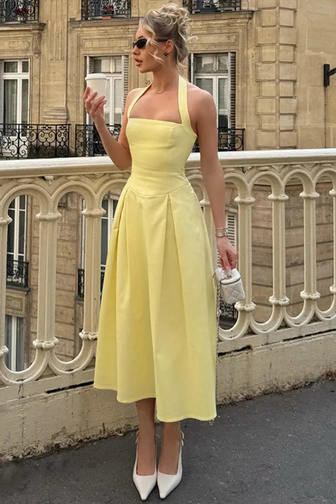 Glorol - Backless Sleeveless High Waist A-Line Pleated Midi Dress
