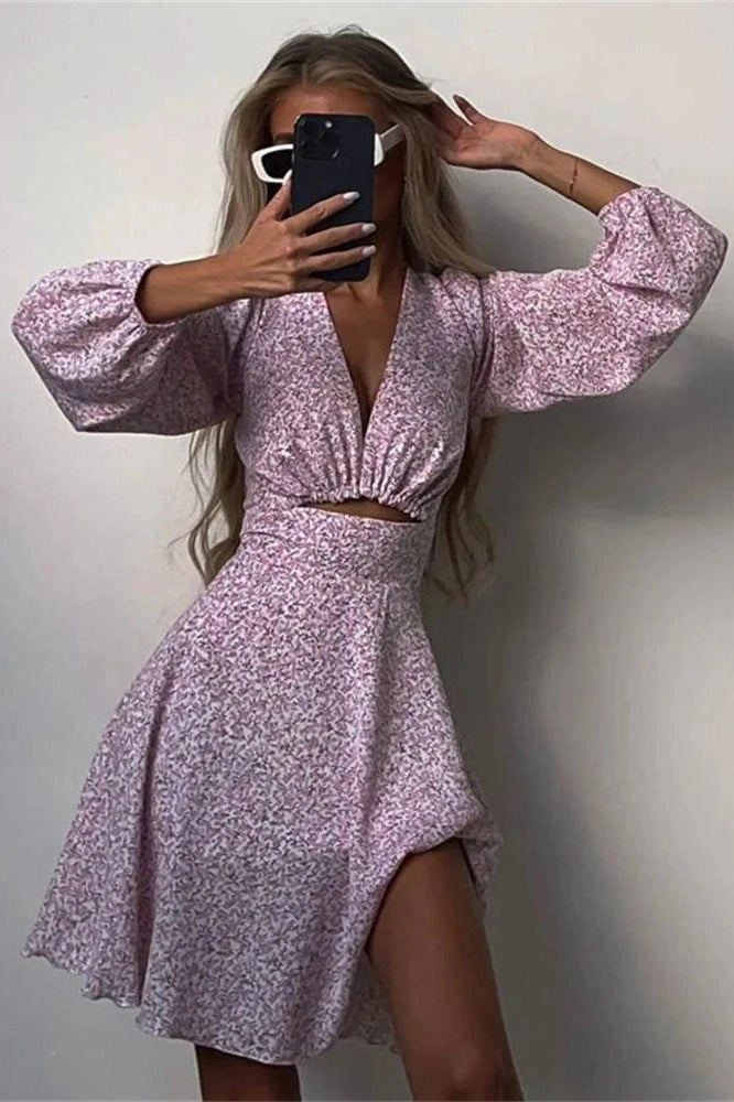 Glorol - Hollow Out V-Neck Printed Long Sleeve Patchwork Mini Dress