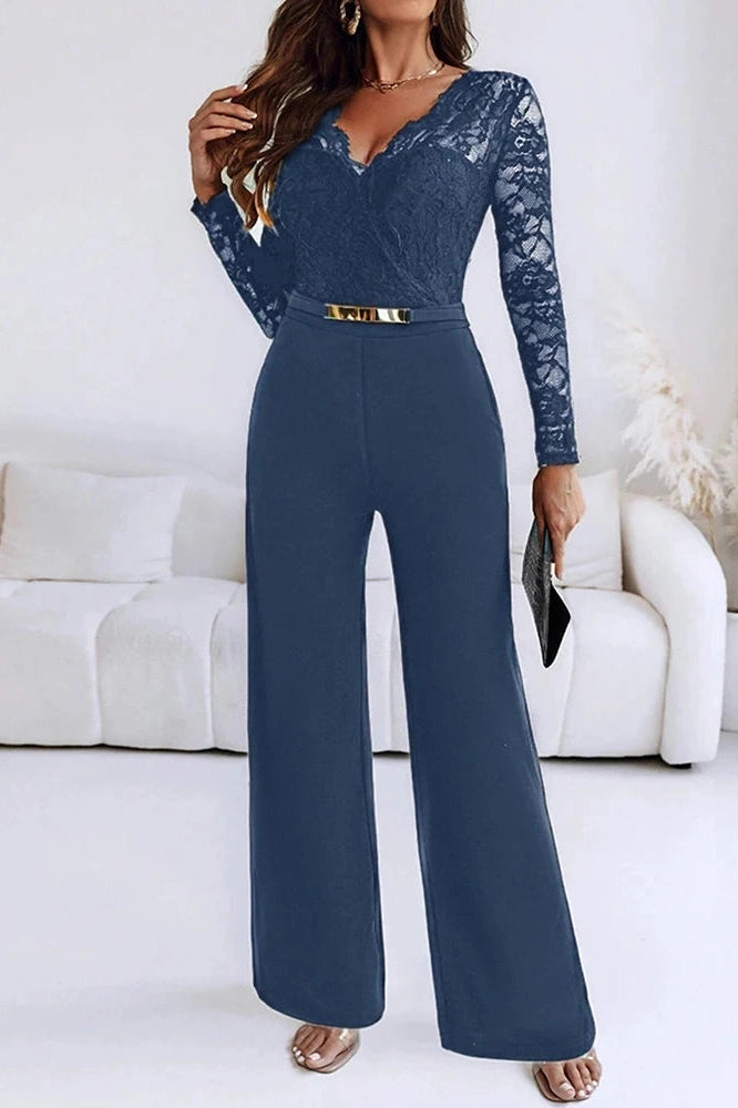 Glorol - High Waist V-Neck Lace Bodycon Jumpsuit