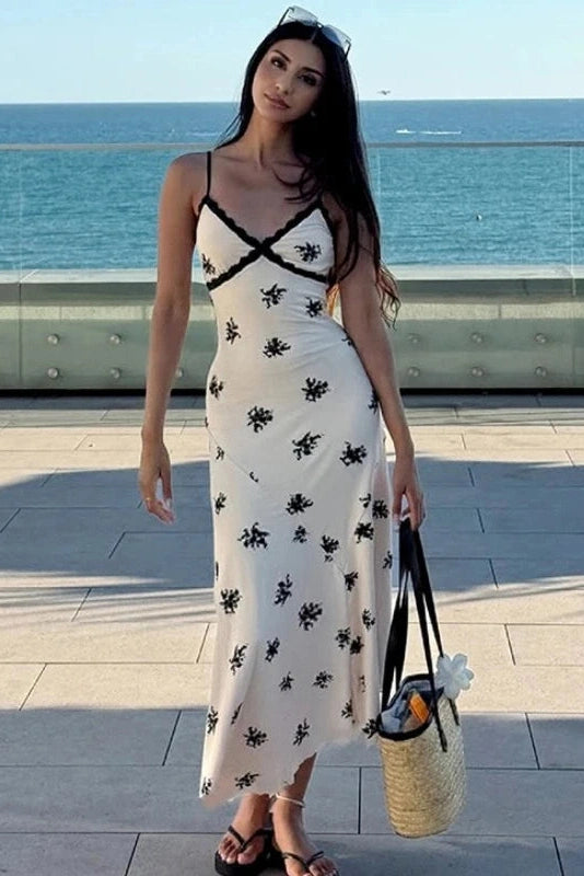 Glorol - Lace Printed Backless Sleeveless V-Neck Slim Midi Dress