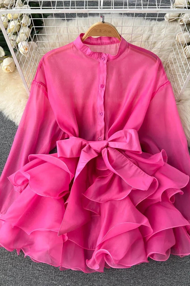 Glorol - Elegant Mesh Long Sleeve Mini Dress
