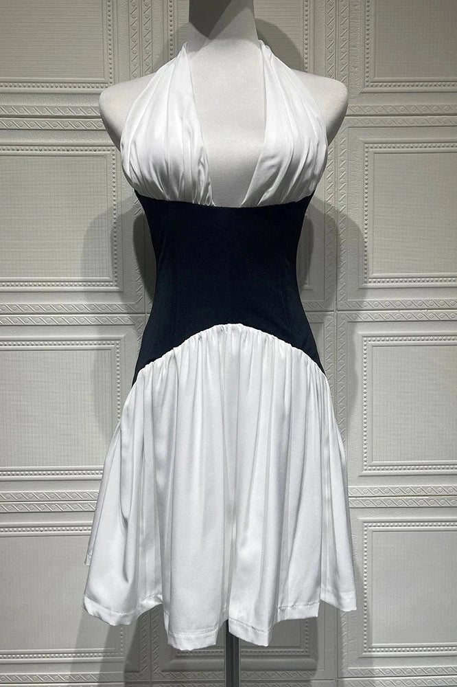 Glorol - Patchwork Backless V Neck Sleeveless High Waist Pleated Mini Dress