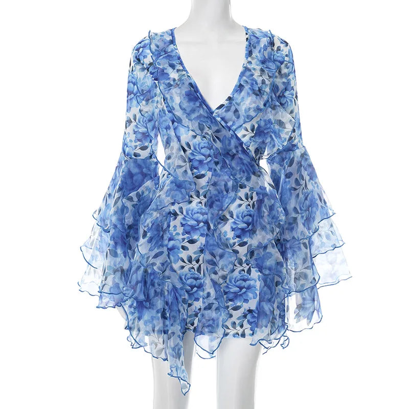 Glorol - Printed V Neck Slim High Waist Mini Dress